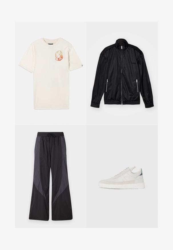 Melnā jaka ar rāvējslēdzēju, izgatavota no viegla, spīdīga materiāla. Tam ir divas rāvējslēdzēju kabatas, stāvoša apkakle un elastīgas aproces un apakšmala.; Krēmkrāsas kokvilnas T-krekls ar īsām piedurknēm un brīvu piegriezumu, ar krāsainu astronauta grafiku kreisajā krūtīs.; Han Kjøbenhavn PANELLED TRACK TROUSERS - Treniņtērpa apakšdaļas - anthracite black; Baltas ādas sporta apavi ar pelēka zamšādas akcentiem, saistoša dizaina, ar vilkšanas cilpu un teksturētu gumijas zoli, kas raksturojas ar zigzag rakstu.