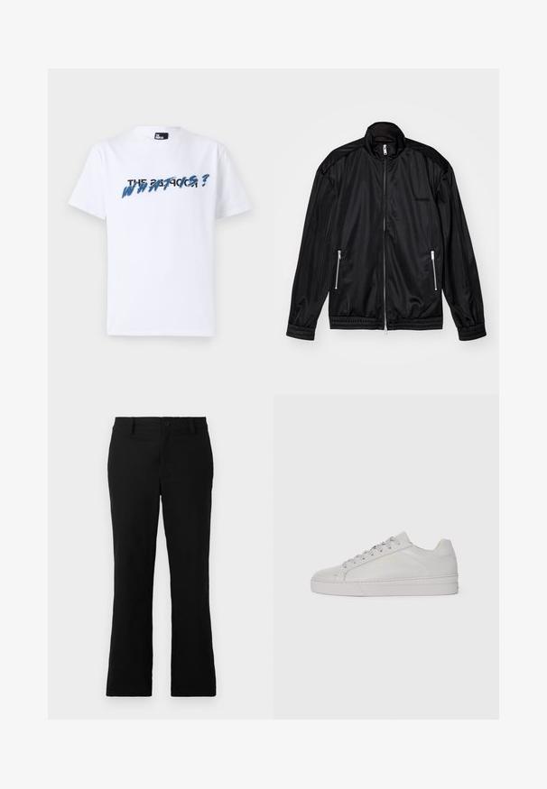 Zwarte ritsjas met een lichtgewicht, glanzende stof. Voorzien van twee ritszakken, een staande kraag en elastische boorden en zoom.; Witte katoenen t-shirt met korte mouwen; heeft grafische tekst in blauw en zwart met de tekst "THE WHAT IS?" over de borst. Zachte textuur.; Zwarte uitlopende broek van een katoenmix, voorzien van een knoopsluiting, riemlussen en een gladde textuur zonder zichtbare patronen.; Lichtgrijze leren sneaker met een gladde textuur, ronde neus, platte rubberen zool en ton-sur-ton veters. Bevat minimale branding in goud.