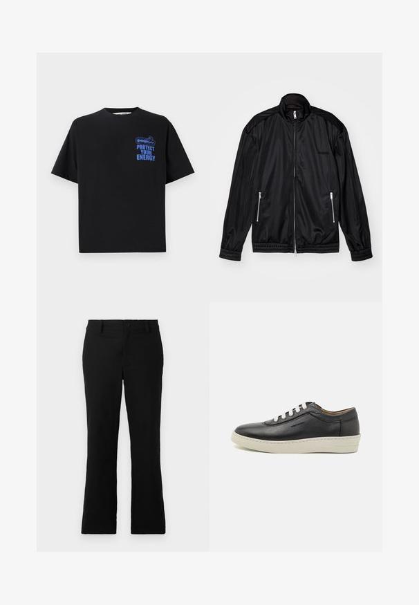 Czarna kurtka na zamek z lekkiego, błyszczącego materiału. Posiada dwie kieszenie na zamek, kołnierz typu stójka oraz elastyczne mankiety i dół.; Czarna bawełniana koszulka z krótkim rękawem, z niebieskim napisem "CHROŃ SWOJĄ ENERGIĘ" oraz grafiką na górnej lewej stronie.; Czarne spodnie z szerokimi nogawkami wykonane z mieszanki bawełny, z zapięciem na guzik, szlufkami na pasek oraz gładką teksturą bez widocznych wzorów.; Czarne skórzane trampki z białą gumową podeszwą, okrągłym noskiem i płaskimi sznurowadłami, z bocznymi detalami szycia i subtelnym logo.