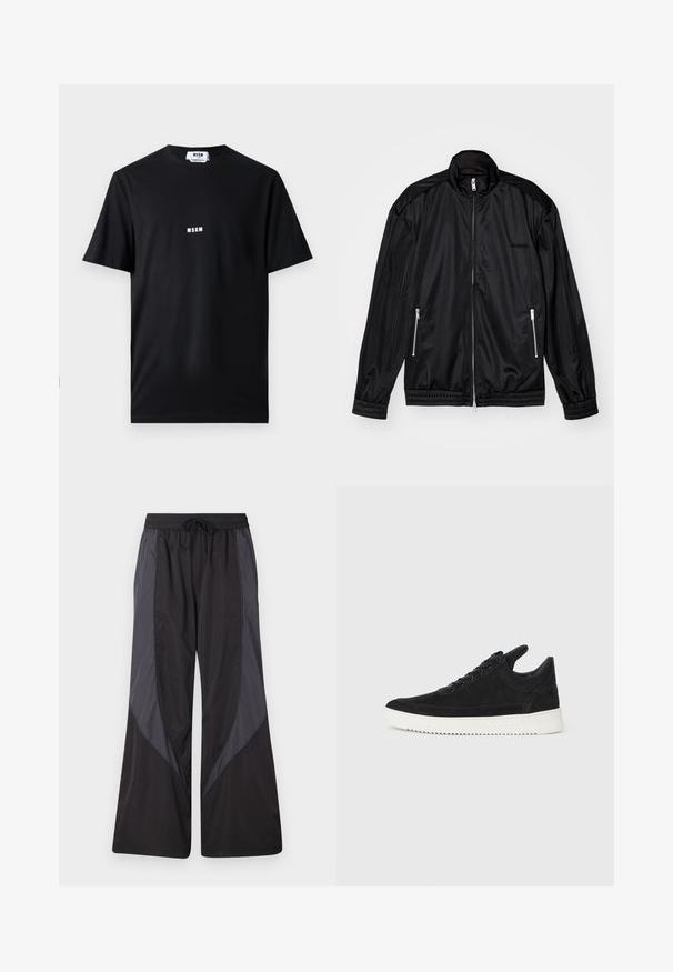 Black zip-front jacket in lightweight, glossy fabric. Features two zippered pockets, a stand-up collar, and elastic cuffs and hem.; Black cotton t-shirt featuring a crew neck and short sleeves. Front displays white "MSGM" logo centered. Smooth texture, standard fit.; Han Kjøbenhavn PANELLED TRACK TROUSERS - Tracksuit bottoms - anthracite black; Black suede sneaker with a white rubber sole, featuring tonal stitching and lace-up design. Smooth texture with a modern, streamlined shape.