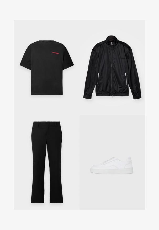 Black zip-front jacket in lightweight, glossy fabric. Features two zippered pockets, a stand-up collar, and elastic cuffs and hem.; Black short-sleeve T-shirt with red "Lee Benjamin" text logo on the upper left chest, plain background.; Black flared trousers made of cotton blend fabric, featuring a button closure, belt loops, and a smooth texture with no visible patterns.; White low-top sneaker with lace-up front, smooth upper, and rubber sole on plain light background.