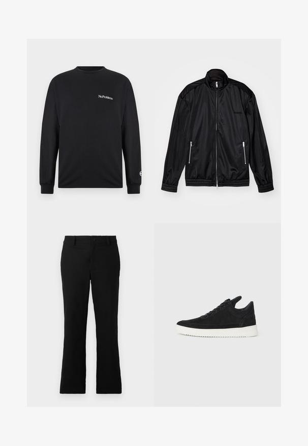 Black zip-front jacket in lightweight, glossy fabric. Features two zippered pockets, a stand-up collar, and elastic cuffs and hem.; Black long-sleeve t-shirt made of cotton. Features "No Problemo" text on the chest and a logo on the sleeve. Round neckline and fitted cuffs.; Black flared trousers made of cotton blend fabric, featuring a button closure, belt loops, and a smooth texture with no visible patterns.; Black suede sneaker with a white rubber sole, featuring tonal stitching and lace-up design. Smooth texture with a modern, streamlined shape.