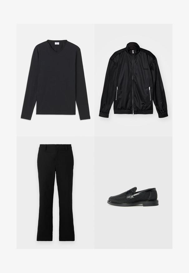 Črna jakna z zadrgo spredaj, izdelana iz lahkotnega, sijočega materiala. Ima dva žepa z zadrgo, ovratnik, ki stoji pokončno, ter elastične manžete in rob.; Črna dolgoročna majica s spletenim ovratnikom, izdelana iz mehkega materiala, s ravnim krojem in brez vidnih vzorcev ali dodatkov.; Črne široke hlače iz mešanice bombaža, opremljene z gumbom za zapiranje, zanko za pas in gladko teksturo brez vidnih vzorcev.; Črne pletene zavezane čevlje s gladkim usnjenim poudarkom na zgornjem delu, okroglo zasnovo nosu in nizkoprofilsko gumijasto podplat.