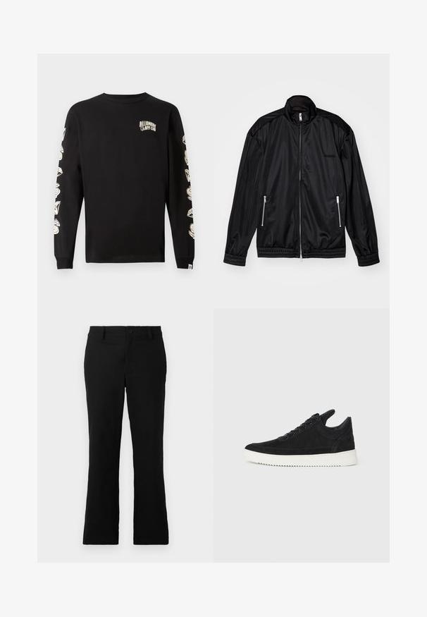 Veste noire à fermeture éclaire avant en tissu léger et brillant. Comprend deux poches zippées, un col montant et des poignets et un ourlet élastiques.; T-shirt noir à manches longues en coton. Présente des impressions graphiques blanches sur la poitrine et le long des deux manches. Col rond avec des poignets côtelés.; Pantalons évasés noirs en tissu mélangé coton, dotés d'une fermeture à bouton, de passants de ceinture et d'une texture lisse sans motifs visibles.; Baskets en daim noir avec une semelle en caoutchouc blanc, présentant des coutures tonales et un design lacé. Texture lisse avec une forme moderne et épurée.