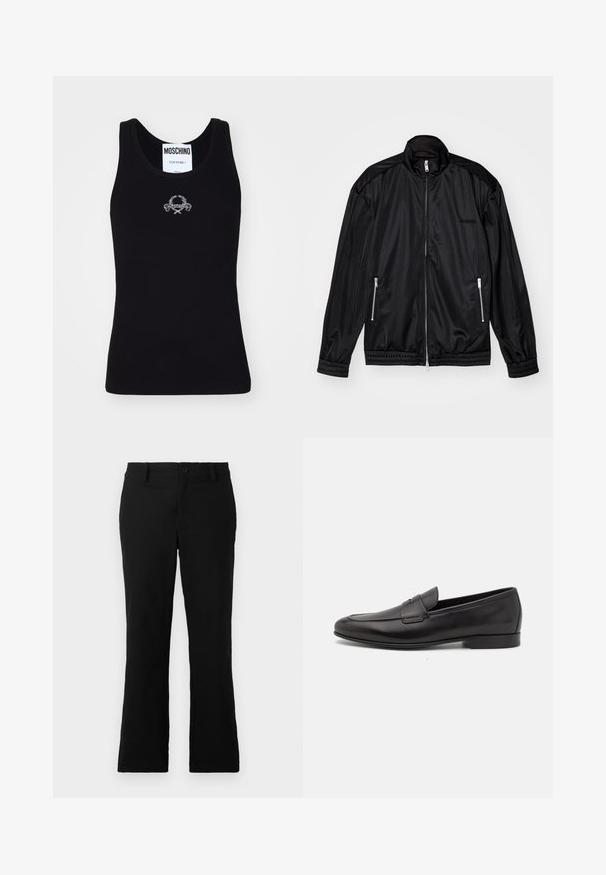 Casaco preto com fecho à frente em tecido leve e brilhante. Apresenta dois bolsos com fecho, gola alta e punhos e bainha elásticos.; Top tank preto com nervuras e decote redondo, apresentando um design de logótipo bordado branco ao centro. Feito de um tecido macio e elástico.; Calças flare pretas feitas de um tecido de algodão misto, com fecho de botão, passantes para cinto e uma textura suave sem padrões visíveis.; Sapatilha masculina em couro preto, com salto baixo e um design clássico com tira de moeda, apresentada em perfil lateral sobre um fundo branco.