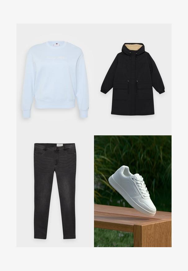 Black hooded coat with a warm beige lining, features two large front pockets, drawstring waist, and elasticized cuffs.; Light blue crewneck sweatshirt made of soft fabric. Features embroidered "Tommy Hilfiger" logo in white, ribbed cuffs, and hem.; Black denim jeans with a slim fit, featuring a button closure, belt loops, and front pockets. Smooth texture with subtle fading.; White sneaker with a smooth synthetic upper, perforated toe box, flat laces, and a textured sole, displayed on a wooden surface.