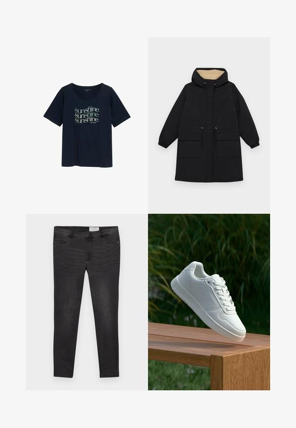 Abrigo negro con capucha y un cálido forro color beige, cuenta con dos grandes bolsillos frontales, cintura ajustable con cordón y puños elásticos.; Camiseta de manga corta en azul marino con cuello redondo que presenta un diseño de texto repetido "sunshine" en verde claro, fabricada en suave algodón.; Pantalones vaqueros de mezclilla negra ajustados, con cierre de botón, trabillas para cinturón y bolsillos delanteros. Textura suave con un ligero desgaste.; Zapatilla blanca con un upper sintético suave, caja de dedos perforada, cordones planos y una suela texturizada, exhibida sobre una superficie de madera.