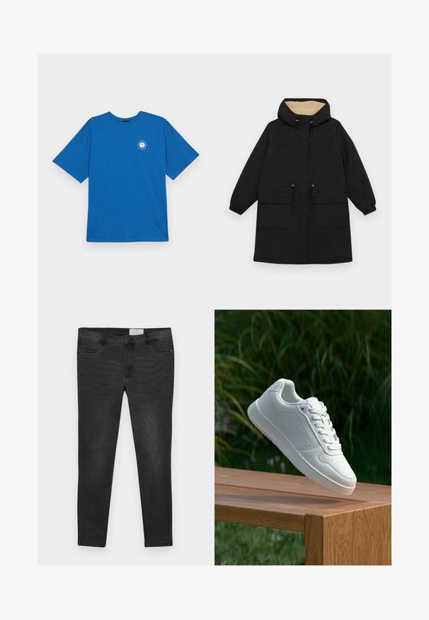 Svart huva rock med ett varmt beige foder, har två stora framfickor, dragsko i midjan och elastiska mudd. ; Even&Odd Curvy LIZ FEEL GREAT - T-shirt med print - blue; Svarta denimjeans med smal passform, med knappstängning, bältesloops och framfickor. Slät textur med subtila blekningar.; Vita sneakers med en slät syntetisk ovandel, perforerat tåparti, platta snören och en strukturerad sula, placerade på en träyta.