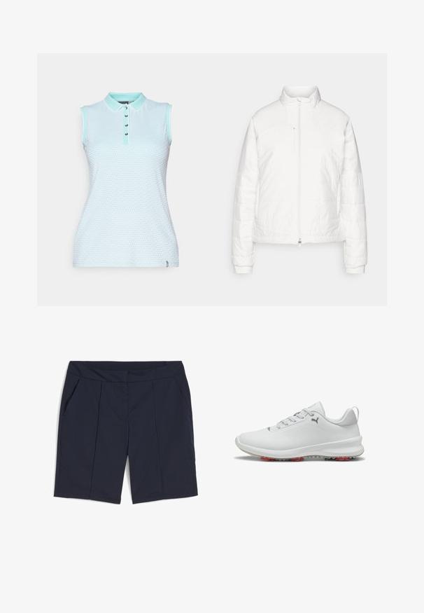 Λευκή φουσκωτή ζακέτα με ψηλό γιακά, κλείσιμο με φερμουάρ και ραφές. Περιλαμβάνει μακριά μανίκια και κομμένο σχέδιο. Λείο φινίρισμα.; Αμάνικο πόλο μπλουζάκι σε ανοιχτό μπλε υφασμάτινη υφή, με κλειστό γιακά, πέντε κουμπιά και αντιθετικά πράσινα λεπτομέρειες.; Σκούρο μπλε σορτσάκι από μαλακό ύφασμα, με επίπεδη μέση, μπροστινές πτυχώσεις και δύο πλαϊνές τσέπες χωρίς ορατές λεπτομέρειες.; Λευκά αθλητικά παπούτσια με λείο δερμάτινο επάνω μέρος, γκρι λεπτομέρειες, υφασμάτινα πλαϊνά πάνελ και κόκκινη ελαστική σόλα για πρόσφυση.