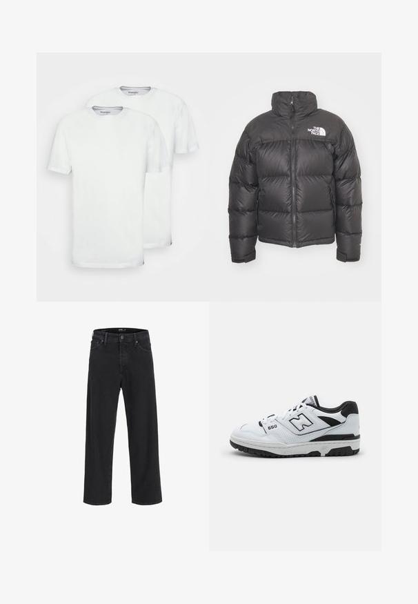 Black puffer jacket with a high neck, zip closure, and logo. Features quilted sections and elastic cuffs for added warmth.; Black hoodie made of soft fabric, featuring a front pocket, drawstrings, and white logo embroidery on the chest. Classic fit and ribbed cuffs.; Two white cotton t-shirts with short sleeves and crew necks. Features a smooth texture and no visible patterns or designs.; Black straight-leg denim jeans with button and zipper closure, belt loops, and front and back pockets.; White low-top sneaker with black accents, leather and mesh upper, perforated detailing, padded collar, and thick rubber sole. Model 550.