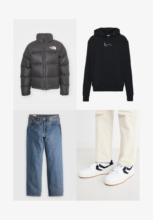 Melnā pūkainā jaka ar augstu apkakli, ar rāvējslēdzēju un logotipu. Iezīmējas ar izšūtiem fragmentiem un elastīgām piedurknēm papildu siltumam.; Melnā kapuce, kas izgatavota no mīkstas auduma, ar priekšējo kabatu, auklām un balto logotipa izšuvumu uz krūtīm. Klasisks piegriezums un ribota aproce.; Zila denima bikses ar taisnu piegriezumu, augstu vidukli, vara kniedēm un oranžiem diegiem. Iekļautas priekšējās un aizmugurējās kabatas.; Baltas sporta apavus ar melnu ģeometrisku dizainu, teksturētu augšdaļu un masīvu baltu zoli ar gaiši brūnu protektoru.