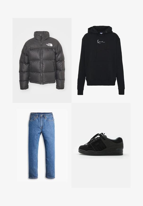 Mustard vest, mille v. pikkade varrukatega, lukuga ning logoga. Omab tikkimise detaile ja elastseid ääriseid soojuse tagamiseks.; Musta huppari pehmest kangast, millel on eesmine tasku, nöörid ja valge logo tikand rinnal. Klassikaline lõige ja soonikkoes varrukad.; Sinine denimist teksapüksid otse lõikega, viie taskuga, nööpide sulgemisega ja puhase valge tausta peal oranzide õmblustega.; Mustad mustad, millel on sametist ja tekstiilisest ülemisest osa, kus on tekstuuriga aktsendid, pehmendatud kaelus, kingapaelad ja kummist välispind logoga detailiga.