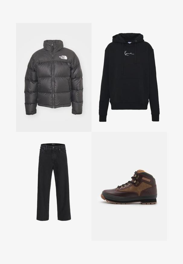 Svart puffjacka med hög krage, dragkedja och logotyp. Har kviltade sektioner och elastiska ärmslut för extra värme.; Svart hoodie gjord av mjukt tyg, med en framficka, snören och vit logobroderi på bröstet. Klassisk passform och ribbade mudd.; Svarta raka denimjeans med knäppning och dragkedja, bältesöglor samt fram- och bakfickor.; Timberland EURO HIKER - Snörstövletter - burgundy