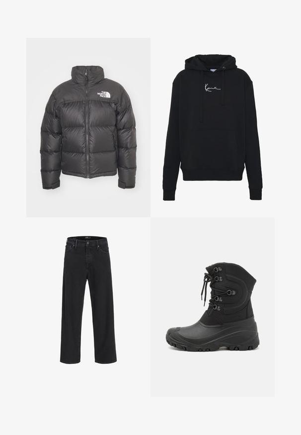 Czarna puchówka z wysokim kołnierzem, zapięciem na zamek i logo. Posiada pikowane sekcje oraz elastyczne mankiety dla dodatkowego ciepła.; Czarna bluza z kapturem wykonana z miękkiego materiału, z przednią kieszenią, sznurkami do regulacji oraz białym haftem logo na klatce piersiowej. Klasyczny krój i ściągacze na rękawach.; Czarne dżinsy o prostych nogawkach z zapięciem na guziki i zamek błyskawiczny, szlufkami na pasek oraz przednimi i tylnymi kieszeniami.; Czarne wodoodporne zimowe buty z tekstylnym cholewką, sznurowaniem, gumową podeszwą, pikowanym wzorem oraz teksturowanymi akcentami zapewniającymi przyczepność i izolację.