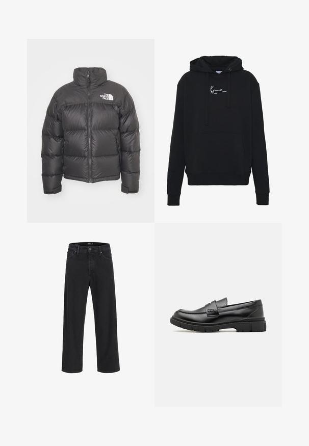Sort puff jakke med høj hals, lynlås og logo. Har kviltede sektioner og elastiske manchetter for ekstra varme.; Sort hættejakke lavet af blødt stof, med en forlomma, snore og hvidt logo broderi på brystet. Klassisk pasform og ribbede manchetter.; Sorte denim jeans med lige ben, knap- og lynlåslukning, bæltestropper samt for- og baglommer.; Sort læder loafersko med en bred rem over forfoden, gummisål med tykke mønstre og glat overflade. Klassisk, slankt design.
