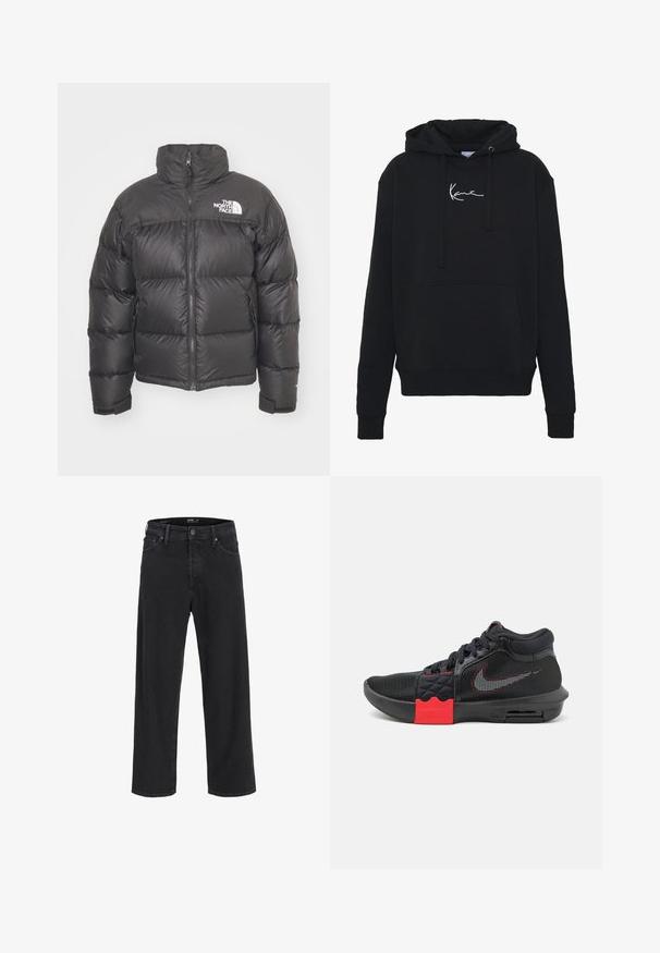 Sort puff jakke med høj hals, lynlås og logo. Har kviltede sektioner og elastiske manchetter for ekstra varme.; Sort hættejakke lavet af blødt stof, med en forlomma, snore og hvidt logo broderi på brystet. Klassisk pasform og ribbede manchetter.; Sorte denim jeans med lige ben, knap- og lynlåslukning, bæltestropper samt for- og baglommer.; Sorte atletiske sko med en mesh-overdel, røde accenter på mellemsålen og en synlig luftenhed. Har teksturerede sidepaneler og snørebånd.