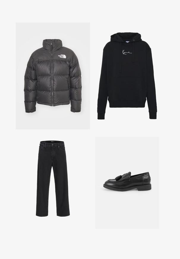 Zwarte pufferjack met hoge kraag, ritssluiting en logo. Bevat gequiltte secties en elastische manchetten voor extra warmte.; Zwarte hoodie van zachte stof, met een voorzak, koorden en witte logo borduring op de borst. Klassieke pasvorm en geribde manchetten.; Zwarte recht gesneden denim jeans met knoop- en ritssluiting, riemlussen en voor- en achterzakken.; Zwarte leren instappers met een ronde neus, decoratieve franjes, gestikte details en een lage rubberen zool. Klassiek slip-on ontwerp.