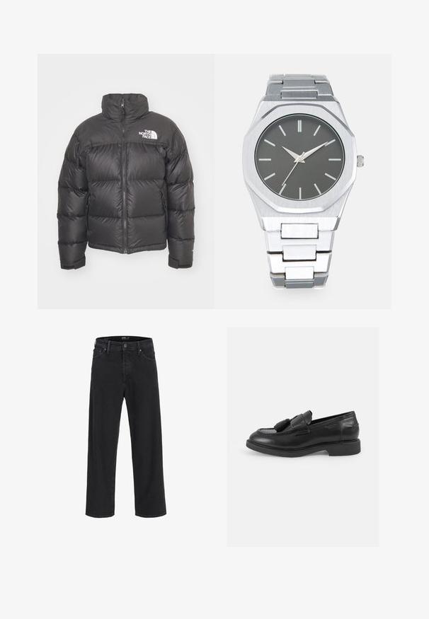 Svart pufferjakke med høy krage, glidelås og logo. Har quiltede seksjoner og elastiske mansjetter for ekstra varme.; Svart hettegenser laget av myk stoff, med en frontlomme, snor i hetten og hvit logo brodert på brystet. Klassisk passform og ribbestrikkede mansjetter.; Svarte straight-leg denim jeans med knapp- og glidelåslukking, beltestropper og front- og baklommer.; Sorte skinn lofer med rund tå, dekorative dusker, sømdetaljer og gummisåle med lav høyd. Klassisk slip-on design.; Sølv analog klokke med oktagonal klokkesak, grå skive, sølvfargede timemarkører og lenkebånd i rustfritt stål. Minimalistisk design med glatt tekstur.