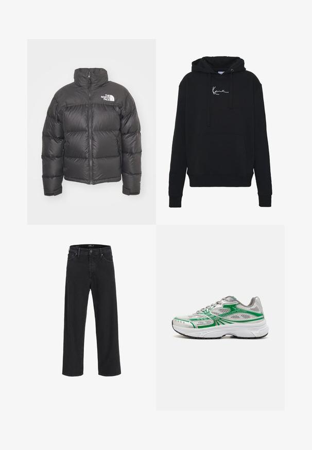 Mustan vuorillinen takki, jossa on korkea kaulus, vetoketjukiinnitys ja logo. Takissa on tikatut osiot ja joustavat hihansuut lisälämmön vuoksi.; Mustaparta, joka on valmistettu pehmeästä kankaasta, jossa on etutasku, narut ja valkoinen logopainatus rinnassa. Klassinen malli ja ribbikupperit.; Mustat suorat farkut nappi- ja vetoketjukiinnityksellä, vyölenkeillä, sekä etu- ja takataskuilla.; Hopeasävytteiset urheilukengät, joissa on vihreitä yksityiskohtia, verkkomateriaalia, pehmustettu pohja ja pyöristetty kärki. Varustettu nauhoilla ja kevyellä rakenteella.