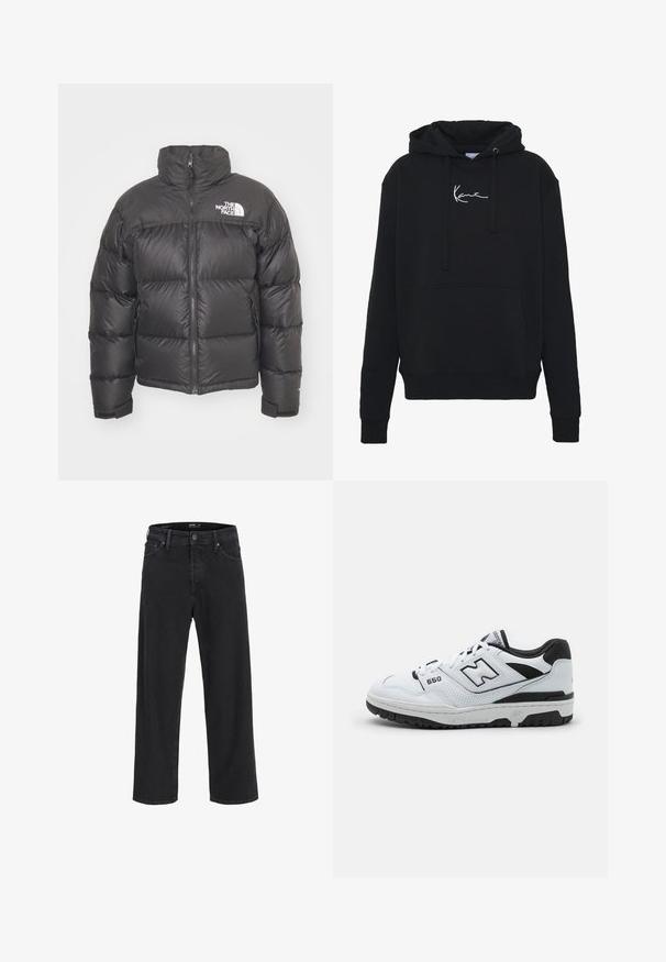 Mustard vest, mille v. pikkade varrukatega, lukuga ning logoga. Omab tikkimise detaile ja elastseid ääriseid soojuse tagamiseks.; Musta huppari pehmest kangast, millel on eesmine tasku, nöörid ja valge logo tikand rinnal. Klassikaline lõige ja soonikkoes varrukad.; Mustad sirgedega teksapüksid, millel on nööp ja lukuga sulgemine, vöökohaga silmad ning ees- ja tagataskud.; Valged madalad spordijalatsid mustade aktsentidega, nahast ja võrgust pealis, perforatsioonidega detailid, pehmendatud kaelus ja paks kummist tall. Mudel 550.