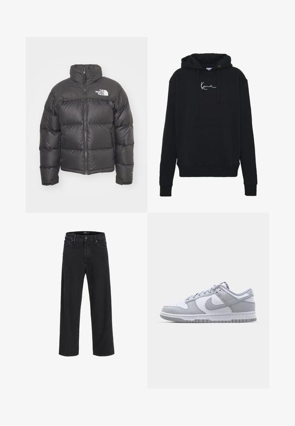 Černá péřová bunda s vysokým límcem, zipem a logem. Obsahuje prošívané části a elastické manžety pro větší teplo.; Černá mikina s kapucí vyrobená z měkké tkaniny, s přední kapsou, šňůrkami na stažení a bílou výšivkou loga na prsou. Klasický střih a pletené manžety.; Černé džíny rovného střihu z denimu s knoflíkovým a zipovým zapínáním, poutky na opasek a předními i zadními kapsami.; Šedé a bílé tenisky Nike Dunk Low s hladkým koženým svrškem, perforovanou špičkou, polstrovaným límcem a gumovou podrážkou.