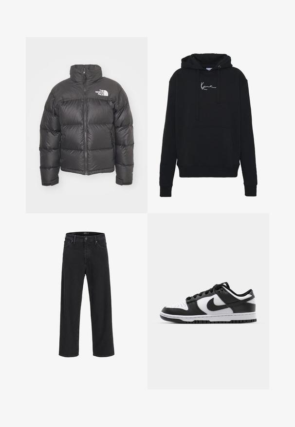 Svart pufferjakke med høy krage, glidelås og logo. Har quiltede seksjoner og elastiske mansjetter for ekstra varme.; Svart hettegenser laget av myk stoff, med en frontlomme, snor i hetten og hvit logo brodert på brystet. Klassisk passform og ribbestrikkede mansjetter.; Svarte straight-leg denim jeans med knapp- og glidelåslukking, beltestropper og front- og baklommer.; Svarte og hvite Nike Dunk sneakers med lær overdel, perforert tå, svarte snøringer og svart gummisåle med mønster.
