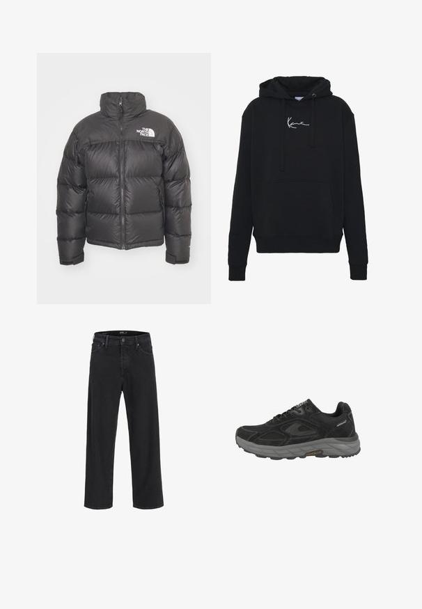 Chaqueta de plumas negra con cuello alto, cierre de cremallera y logotipo. Presenta secciones acolchadas y puños elásticos para mayor calidez.; Sudadera negra de tela suave, con un bolsillo frontal, cordones y bordado de logo blanco en el pecho. Corte clásico y puños acanalados.; Jeans de mezclilla negros de pierna recta con cierre de botón y cremallera, trabillas para cinturón y bolsillos delanteros y traseros.; Zapatilla deportiva negra con parte superior de ante y malla, suela de goma gris, punta redonda, diseño de cordones y detalles de costura en contraste.