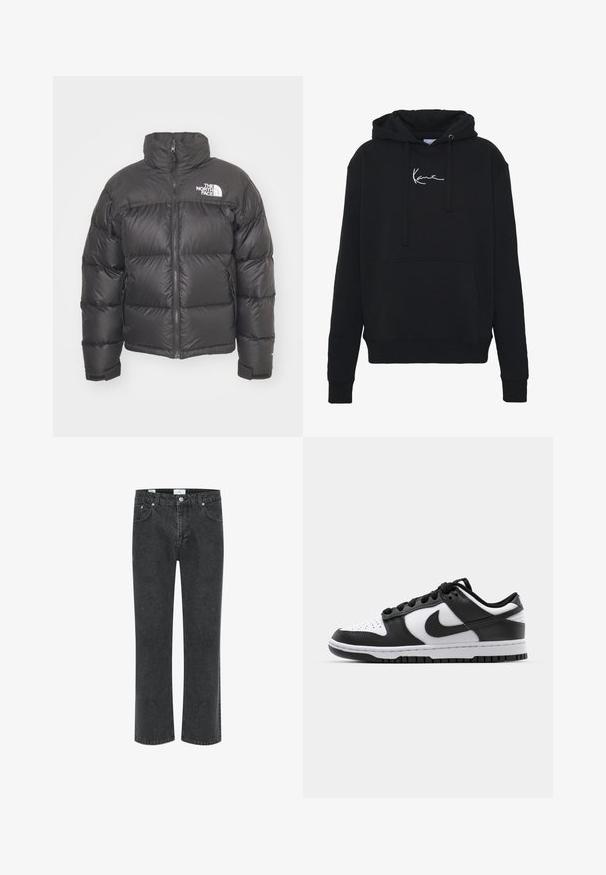 Chaqueta de plumas negra con cuello alto, cierre de cremallera y logotipo. Presenta secciones acolchadas y puños elásticos para mayor calidez.; Sudadera negra de tela suave, con un bolsillo frontal, cordones y bordado de logo blanco en el pecho. Corte clásico y puños acanalados.; Jeans de mezclilla negra con un diseño de pierna recta, cinco bolsillos y costuras en contraste. La tela tiene una textura ligeramente desgastada.; Zapatillas Nike Dunk en blanco y negro con parte superior de cuero, puntera perforada, cordones negros y suela de goma negra con diseño de tracción.