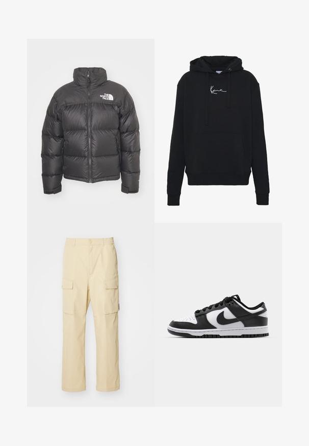 Czarna puchówka z wysokim kołnierzem, zapięciem na zamek i logo. Posiada pikowane sekcje oraz elastyczne mankiety dla dodatkowego ciepła.; Czarna bluza z kapturem wykonana z miękkiego materiału, z przednią kieszenią, sznurkami do regulacji oraz białym haftem logo na klatce piersiowej. Klasyczny krój i ściągacze na rękawach.; Beżowe spodnie cargo wykonane z materiału z elastycznym paskiem i zapięciem na guzik. Posiadają dwie boczne kieszenie i prosty fason.; Czarno-białe sneakersy Nike Dunk z skórzaną cholewką, perforowanym czubkiem, czarnymi sznurówkami oraz czarną gumową podeszwą z bieżnikiem.