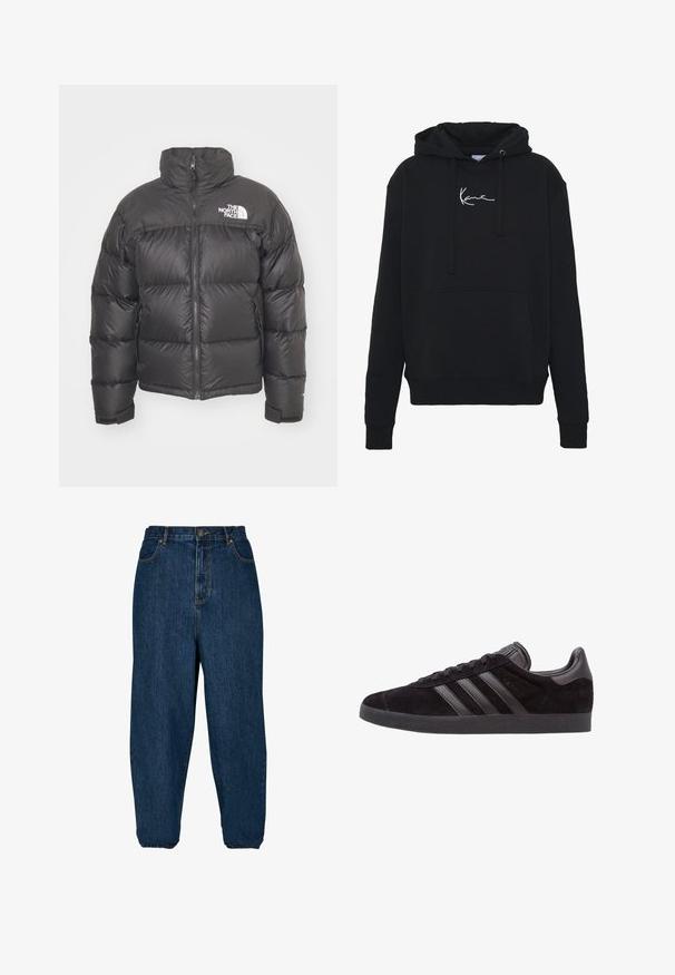 Černá péřová bunda s vysokým límcem, zipem a logem. Obsahuje prošívané části a elastické manžety pro větší teplo.; Černá mikina s kapucí vyrobená z měkké tkaniny, s přední kapsou, šňůrkami na stažení a bílou výšivkou loga na prsou. Klasický střih a pletené manžety.; Tmavě modré džíny z denimu s volným střihem, vyšším pasem a elastickými manžetami. Mají zapínání na přední knoflík a pět kapes.; Černé semišové sneakers s texturovanou gumovou podrážkou, s třemi černými koženými pruhy, zaoblenou špičkou a polstrovaným límcem kolem kotníku.