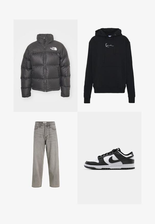 Chaqueta de plumas negra con cuello alto, cierre de cremallera y logotipo. Presenta secciones acolchadas y puños elásticos para mayor calidez.; Sudadera negra de tela suave, con un bolsillo frontal, cordones y bordado de logo blanco en el pecho. Corte clásico y puños acanalados.; Jeans de mezclilla gris con una cintura alta, diseño de pierna ancha, ligero efecto de deslavado y estilo de cinco bolsillos. Cuenta con cierre de botón metálico y trabillas para cinturón.; Zapatillas Nike Dunk en blanco y negro con parte superior de cuero, puntera perforada, cordones negros y suela de goma negra con diseño de tracción.