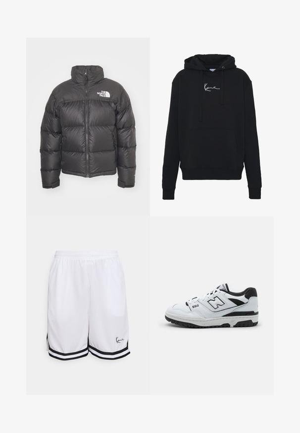 Zwarte pufferjack met hoge kraag, ritssluiting en logo. Bevat gequiltte secties en elastische manchetten voor extra warmte.; Zwarte hoodie van zachte stof, met een voorzak, koorden en witte logo borduring op de borst. Klassieke pasvorm en geribde manchetten.; Witte sportieve shorts van lichtgewicht stof, met een zwarte gestreepte zoom en een handtekeninglogo aan de onderkant aan de linkerkant.; Witte low-top sneaker met zwarte accenten, leren en mesh bovenkant, geperforeerde details, gewatteerde kraag en dikke rubberen zool. Model 550.