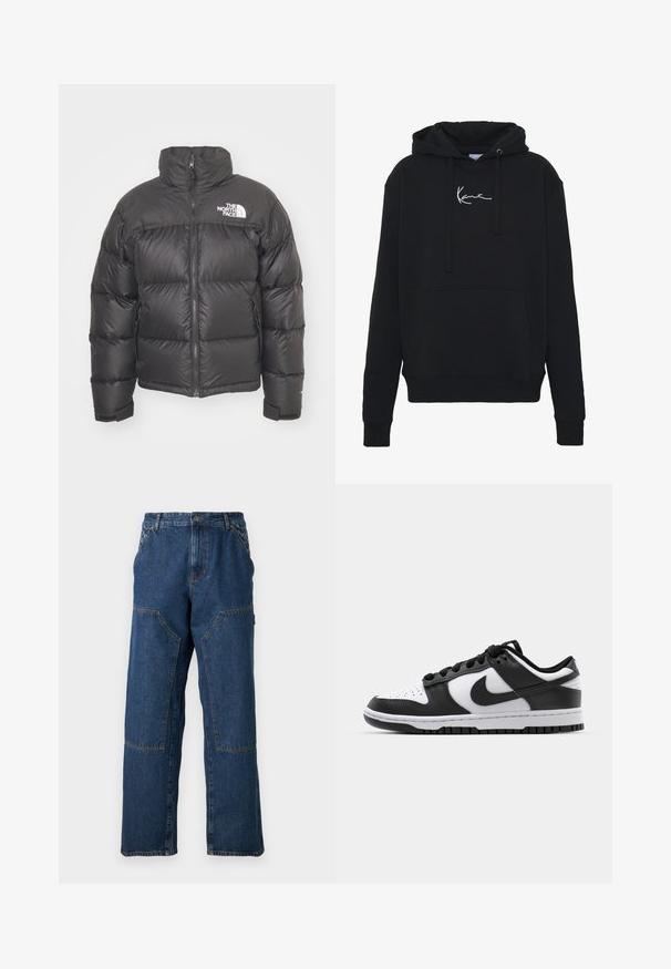 Juodas pūkinis švarkas su aukštu kaklu, užtrauktuku ir logotipo žyme. Savybės: siuvinėjimo sekcijos ir elastingi rankogaliai, suteikiantys papildomą šilumą.; Juodas gobtuvas, pagamintas iš minkštos medžiagos, su priekinėmis kišenėmis, raišteliais ir balta logotipo siuvinėjimu ant krūtinės. Klasikinis fasonas ir raštuoti rankogaliai.; Džinsiniai kelnių su laisvu pasitikėjimu, tamsiai mėlyna spalva, kontrastinga siuvinėjimo, ir priekiniais kišeniais. Minimalistinis dizainas su tiesiomis kojomis.; Juoda ir balta Nike Dunk sportbačiai, turintys odinį viršutinį sluoksnį, perforuotą nykštyje, juodas raišteles ir juodą guminį pado su reljefu.