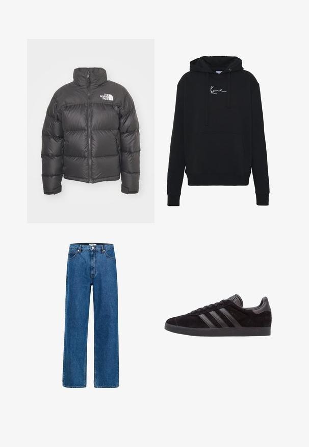 Černá péřová bunda s vysokým límcem, zipem a logem. Obsahuje prošívané části a elastické manžety pro větší teplo.; Černá mikina s kapucí vyrobená z měkké tkaniny, s přední kapsou, šňůrkami na stažení a bílou výšivkou loga na prsou. Klasický střih a pletené manžety.; Džíny s širokými nohavicemi v tmavě modrém denimu. Obsahují pět kapes, zapínání na knoflík a jemné prošívání. Hladká textura s minimálním vyblednutím.; Černé semišové sneakers s texturovanou gumovou podrážkou, s třemi černými koženými pruhy, zaoblenou špičkou a polstrovaným límcem kolem kotníku.