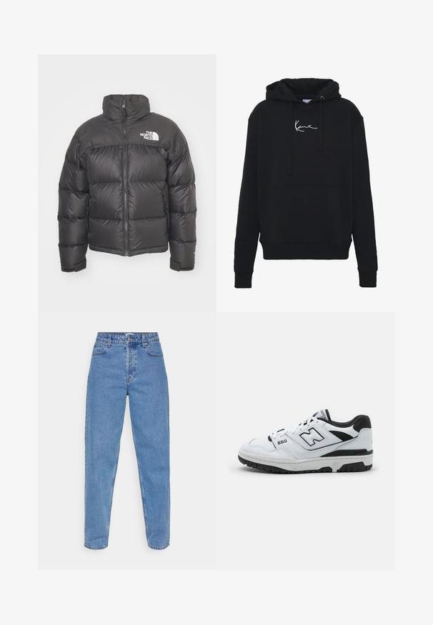 Sort puff jakke med høj hals, lynlås og logo. Har kviltede sektioner og elastiske manchetter for ekstra varme.; Sort hættejakke lavet af blødt stof, med en forlomma, snore og hvidt logo broderi på brystet. Klassisk pasform og ribbede manchetter.; Lysblå denim jeans, højtaljede med lige ben, featuring fem lommer og en klassisk knap- og lynlås lukning.; Hvide lavtop sneakers med sorte accenter, overdel i læder og mesh, perforerede detaljer, polstret krave og tyk gummisål. Model 550.