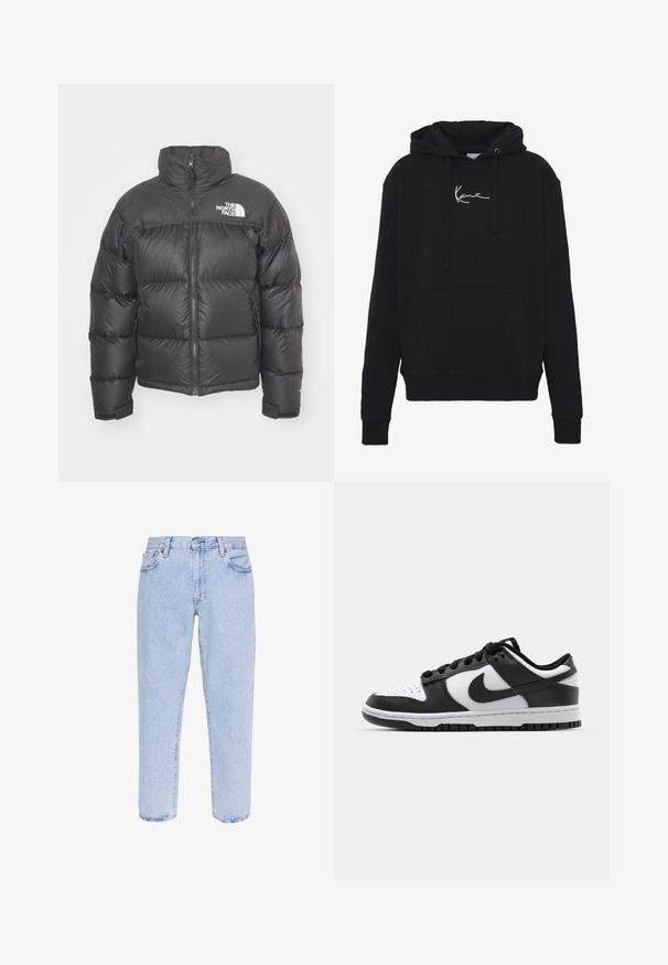 Mustan vuorillinen takki, jossa on korkea kaulus, vetoketjukiinnitys ja logo. Takissa on tikatut osiot ja joustavat hihansuut lisälämmön vuoksi.; Mustaparta, joka on valmistettu pehmeästä kankaasta, jossa on etutasku, narut ja valkoinen logopainatus rinnassa. Klassinen malli ja ribbikupperit.; Levi's® STAY LOOSE TAPER CROP - Relaxed fit -farkut - royal stonewash; Mustat ja valkoiset Nike Dunk -lenkkarit, joissa on nahkapinta, reikätty varvaspään osa, mustat nauhat ja musta kumipohja, jossa on uramalli.