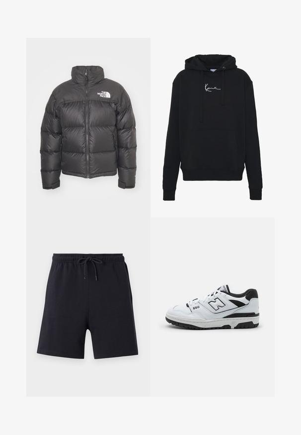 Giacca a vento nera con collo alto, chiusura con zip e logo. Presenta sezioni trapuntate e polsini elasticizzati per un maggiore calore.; Felpa nera con cappuccio in tessuto morbido, dotata di una tasca frontale, lacci e ricamo del logo bianco sul petto. Design classico e polsini a coste.; Pantaloni corti neri in cotone con fascia elastica in vita e coulisse, caratterizzati da un design semplice e una texture liscia.; Sneaker bassa bianca con accenti neri, upper in pelle e mesh, dettagli perforati, colletto imbottito e suola in gomma spessa. Modello 550.
