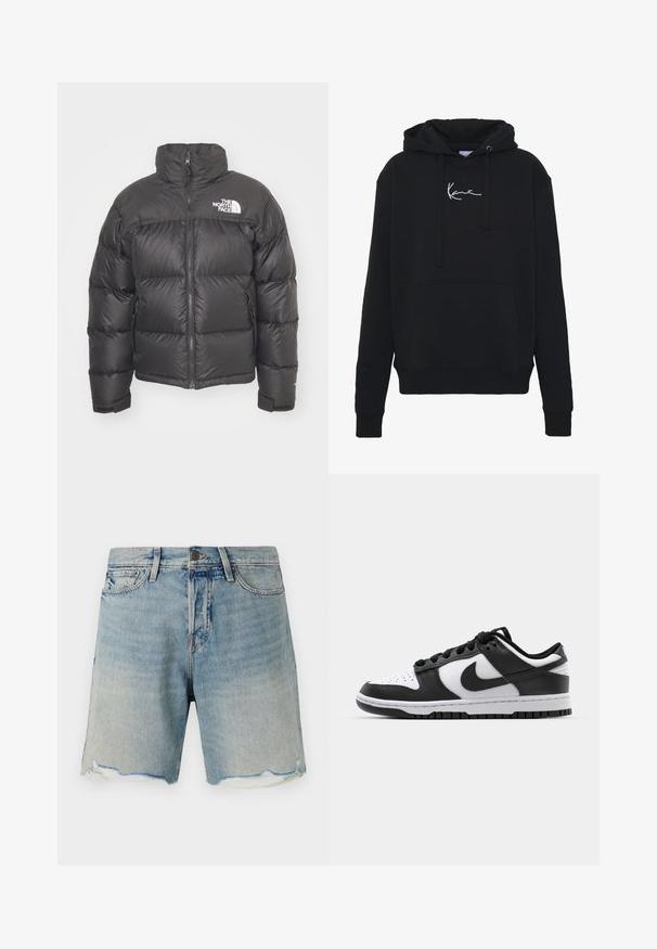 Giacca a vento nera con collo alto, chiusura con zip e logo. Presenta sezioni trapuntate e polsini elasticizzati per un maggiore calore.; Felpa nera con cappuccio in tessuto morbido, dotata di una tasca frontale, lacci e ricamo del logo bianco sul petto. Design classico e polsini a coste.; Pantaloni shorts in denim di colore azzurro chiaro con finitura sbiadita. Presentano un orlo sfrangiato e un design a cinque tasche standard. Chiusura con bottone in metallo in vita.; Sneakers Nike Dunk in bianco e nero con tomaia in pelle, punta perforata, lacci neri e suola in gomma nera con design della tacco.