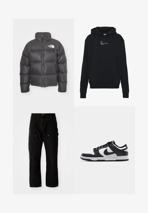 Czarna puchówka z wysokim kołnierzem, zapięciem na zamek i logo. Posiada pikowane sekcje oraz elastyczne mankiety dla dodatkowego ciepła.; Czarna bluza z kapturem wykonana z miękkiego materiału, z przednią kieszenią, sznurkami do regulacji oraz białym haftem logo na klatce piersiowej. Klasyczny krój i ściągacze na rękawach.; Czarne spodnie cargo z denimu o luźnym kroju, z dwoma przednimi kieszeniami, kieszeniami bocznymi i widocznymi detalami przeszycia.; Czarno-białe sneakersy Nike Dunk z skórzaną cholewką, perforowanym czubkiem, czarnymi sznurówkami oraz czarną gumową podeszwą z bieżnikiem.