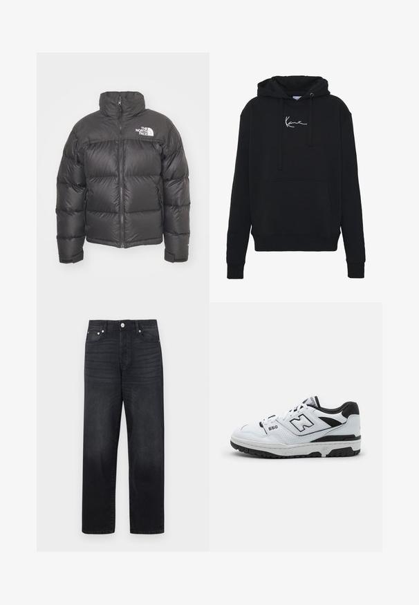 Zwarte pufferjack met hoge kraag, ritssluiting en logo. Bevat gequiltte secties en elastische manchetten voor extra warmte.; Zwarte hoodie van zachte stof, met een voorzak, koorden en witte logo borduring op de borst. Klassieke pasvorm en geribde manchetten.; Zwarte denim jeans met een rechte pijp, vijf zakken, metalen knoopsluiting en subtiele vervaging op de stof.; Witte low-top sneaker met zwarte accenten, leren en mesh bovenkant, geperforeerde details, gewatteerde kraag en dikke rubberen zool. Model 550.