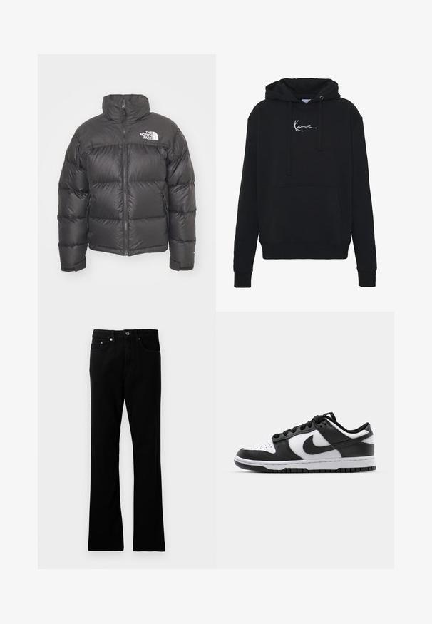 Czarna puchówka z wysokim kołnierzem, zapięciem na zamek i logo. Posiada pikowane sekcje oraz elastyczne mankiety dla dodatkowego ciepła.; Czarna bluza z kapturem wykonana z miękkiego materiału, z przednią kieszenią, sznurkami do regulacji oraz białym haftem logo na klatce piersiowej. Klasyczny krój i ściągacze na rękawach.; Czarne dżinsy o prostym kroju, pięć kieszeni, metalowe zapięcie na guzik oraz subtelne detale w zdobieniach. Gładka tekstura i jednolity kolor.; Czarno-białe sneakersy Nike Dunk z skórzaną cholewką, perforowanym czubkiem, czarnymi sznurówkami oraz czarną gumową podeszwą z bieżnikiem.
