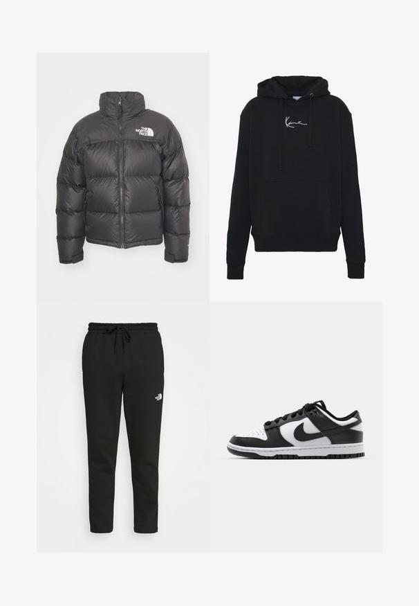 Černá péřová bunda s vysokým límcem, zipem a logem. Obsahuje prošívané části a elastické manžety pro větší teplo.; Černá mikina s kapucí vyrobená z měkké tkaniny, s přední kapsou, šňůrkami na stažení a bílou výšivkou loga na prsou. Klasický střih a pletené manžety.; Černé tepláky vyrobené z měkké a strukturované látky. Mají elastický pas se šňůrkou a malou bílou logo aplikaci po straně.; Černobílé tenisky Nike Dunk s koženým svrškem, perforovanou špičkou, černými tkaničkami a černou gumovou podrážkou s dezénem.