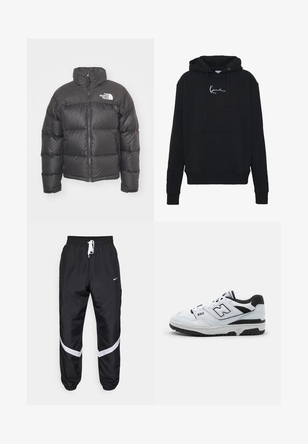 Černá péřová bunda s vysokým límcem, zipem a logem. Obsahuje prošívané části a elastické manžety pro větší teplo.; Černá mikina s kapucí vyrobená z měkké tkaniny, s přední kapsou, šňůrkami na stažení a bílou výšivkou loga na prsou. Klasický střih a pletené manžety.; Černé sportovní kalhoty s bílými akcenty, s elastickým pasem na šňůrku, kapsami a zúženými manžetami. Na straně logo Nike.; Bílé nízké tenisky s černými akcenty, svršek z kůže a prodyšné síťoviny, perforované detaily, polstrovaný límec a silná gumová podešev. Model 550.