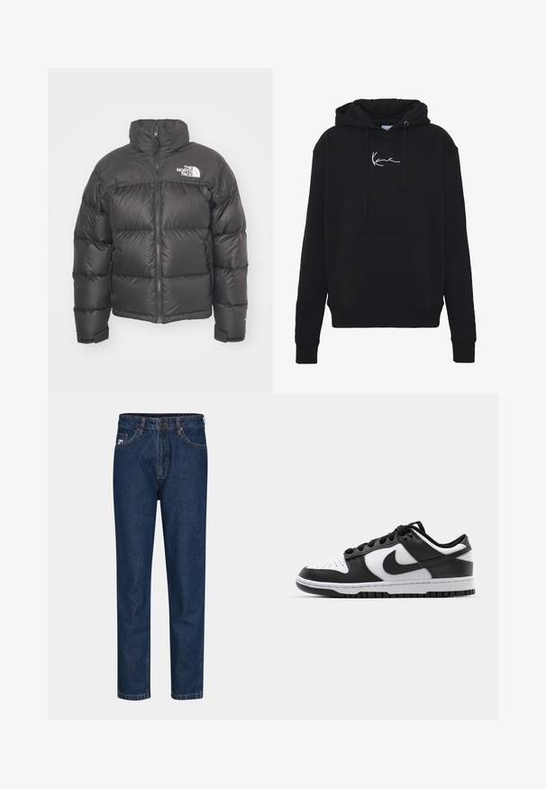 Chaqueta de plumas negra con cuello alto, cierre de cremallera y logotipo. Presenta secciones acolchadas y puños elásticos para mayor calidez.; Sudadera negra de tela suave, con un bolsillo frontal, cordones y bordado de logo blanco en el pecho. Corte clásico y puños acanalados.; Pantalones de mezclilla de color azul oscuro con un diseño de pierna recta, que cuentan con cinco bolsillos, trabillas para el cinturón y un cierre de un solo botón. Textura suave y costuras clásicas.; Zapatillas Nike Dunk en blanco y negro con parte superior de cuero, puntera perforada, cordones negros y suela de goma negra con diseño de tracción.