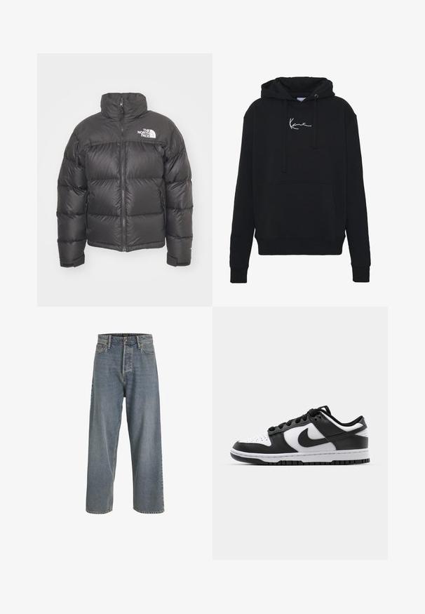 Black puffer jacket with a high neck, zip closure, and logo. Features quilted sections and elastic cuffs for added warmth.; Black hoodie made of soft fabric, featuring a front pocket, drawstrings, and white logo embroidery on the chest. Classic fit and ribbed cuffs.; Light blue wide-leg denim jeans with a high waist, five-pocket design, and visible stitching. Soft texture with a slightly faded appearance.; Black and white Nike Dunk sneakers featuring a leather upper, perforated toe, black laces, and a black rubber sole with tread design.