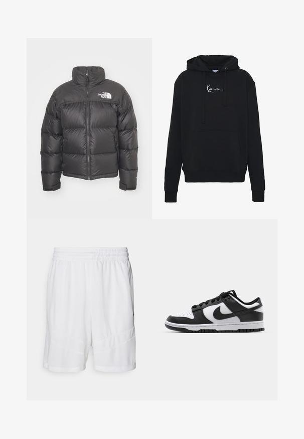 Fekete steppelt dzseki magas nyakkal, cipzáros záródással és logóval. Steppelt részekkel és rugalmas mandzsettákkal rendelkezik a megnövelt kényelem érdekében.; Fekete kapucnis pulóver puha anyagból, elülső zsebbel, húzózsinórral és fehér logóhímzéssel a mellkason. Klasszikus szabású és bordázott mandzsettával.; Fehér sportnadrág, amely texturált, lélegző hálós anyagból készült. Rugalmas derékpánttal és réteges dizájnelemekkel rendelkezik.; Fekete-fehér Nike Dunk sportcipők, bőr felső résszel, perforált orrral, fekete fűzőkkel és fekete gumitalppal, amelyen barázdás minta található.