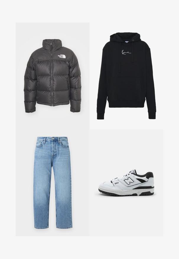 Fekete steppelt dzseki magas nyakkal, cipzáros záródással és logóval. Steppelt részekkel és rugalmas mandzsettákkal rendelkezik a megnövelt kényelem érdekében.; Fekete kapucnis pulóver puha anyagból, elülső zsebbel, húzózsinórral és fehér logóhímzéssel a mellkason. Klasszikus szabású és bordázott mandzsettával.; Világoskék farmernadrág egyenes szárú dizájnnal, magas derékkal, öt zsebbel és enyhe kopásokkal. Gombos záródással és övakasztókkal rendelkezik.; Fehér alacsony felső, fekete akcentusokkal, bőr és hálós felsőrésze, perforált részletekkel, párnázott szegéllyel és vastag gumitalppal. Modell: 550.