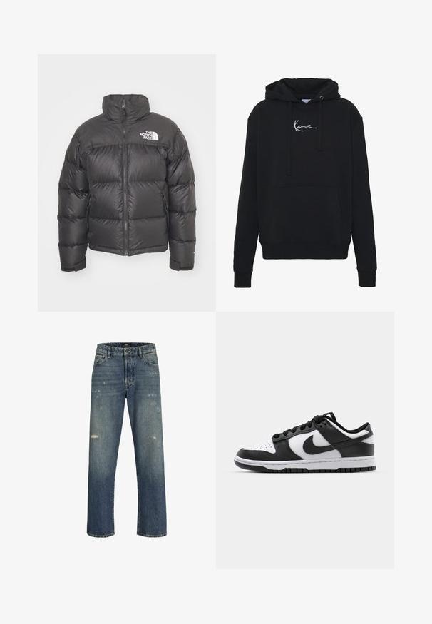 Mustan vuorillinen takki, jossa on korkea kaulus, vetoketjukiinnitys ja logo. Takissa on tikatut osiot ja joustavat hihansuut lisälämmön vuoksi.; Mustaparta, joka on valmistettu pehmeästä kankaasta, jossa on etutasku, narut ja valkoinen logopainatus rinnassa. Klassinen malli ja ribbikupperit.; Siniset farkut suoralla lahkeella, joissa on kevyt kulutus, tavallinen vyötärö nappikiinnityksellä ja viisi taskua.; Mustat ja valkoiset Nike Dunk -lenkkarit, joissa on nahkapinta, reikätty varvaspään osa, mustat nauhat ja musta kumipohja, jossa on uramalli.