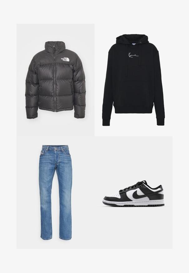 Mustan vuorillinen takki, jossa on korkea kaulus, vetoketjukiinnitys ja logo. Takissa on tikatut osiot ja joustavat hihansuut lisälämmön vuoksi.; Mustaparta, joka on valmistettu pehmeästä kankaasta, jossa on etutasku, narut ja valkoinen logopainatus rinnassa. Klassinen malli ja ribbikupperit.; Siniset suorat farkut nappi- ja vetoketjukiinnityksellä, viisi taskua ja hienovarainen haalistuminen.; Mustat ja valkoiset Nike Dunk -lenkkarit, joissa on nahkapinta, reikätty varvaspään osa, mustat nauhat ja musta kumipohja, jossa on uramalli.