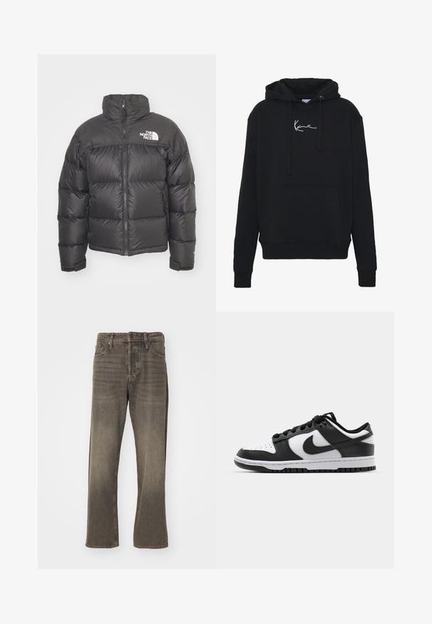 Mustan vuorillinen takki, jossa on korkea kaulus, vetoketjukiinnitys ja logo. Takissa on tikatut osiot ja joustavat hihansuut lisälämmön vuoksi.; Mustaparta, joka on valmistettu pehmeästä kankaasta, jossa on etutasku, narut ja valkoinen logopainatus rinnassa. Klassinen malli ja ribbikupperit.; Ruske farkkuhousut suoran lahkeen muotoilulla, joissa on haalistunut pinta, perinteinen viisi-taskuinen tyyli ja metallinen napitus.; Mustat ja valkoiset Nike Dunk -lenkkarit, joissa on nahkapinta, reikätty varvaspään osa, mustat nauhat ja musta kumipohja, jossa on uramalli.